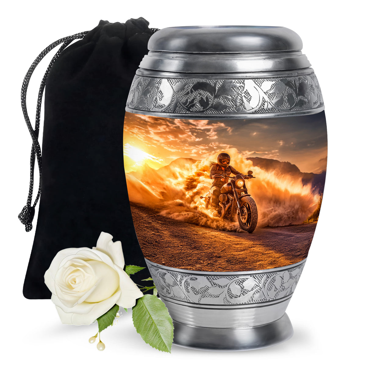 Harvest Gold Bike Cremation Urn back view with polished surface - majestic bike pattern with filigree border - full-size 10 inch 200 cubic inch adult cremation urn