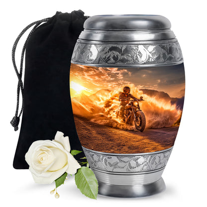 Harvest Gold Bike Cremation Urn back view with polished surface - majestic bike pattern with filigree border - full-size 10 inch 200 cubic inch adult cremation urn