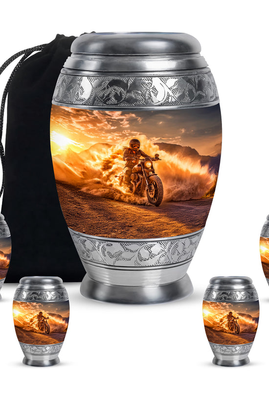 Sunrise Gold Bike Cremation Urn detail view - regal bike design with crown-inspired accents - memorial set with one large and four small urns