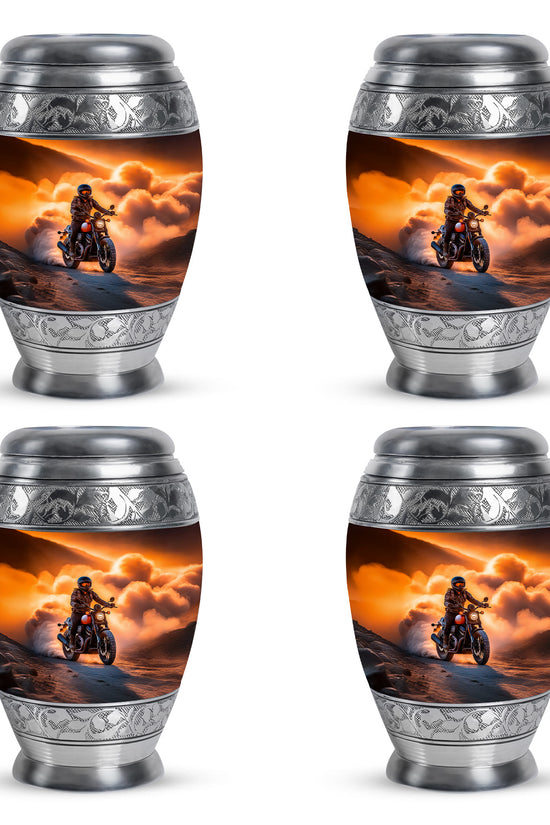 Burnished Gold Bike Cremation Urn urn with complimentary velvet bag - royal bike engraving with decorative scrollwork - 10 inch aluminum urn for cremated remains