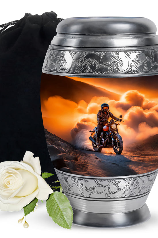 Warm Gold Bike Cremation Urn back view with polished surface - royal bike engraving with decorative scrollwork - full-size 10 inch 200 cubic inch adult cremation urn