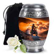Warm Gold Bike Cremation Urn back view with polished surface - royal bike engraving with decorative scrollwork - full-size 10 inch 200 cubic inch adult cremation urn