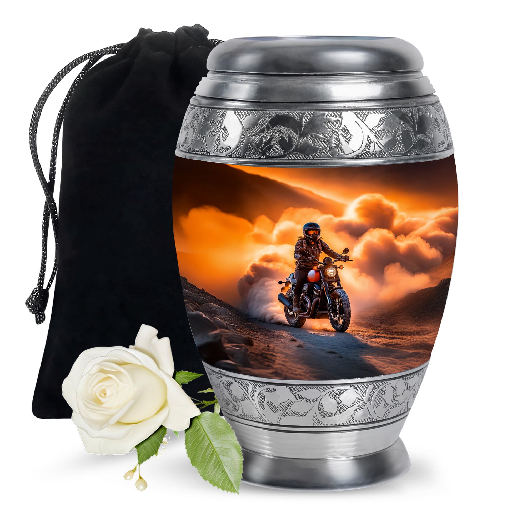 Warm Gold Bike Cremation Urn back view with polished surface - royal bike engraving with decorative scrollwork - full-size 10 inch 200 cubic inch adult cremation urn