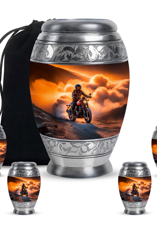 Royal Gold Bike Cremation Urn detail view - royal bike engraving with decorative scrollwork - memorial set with one large and four small urns