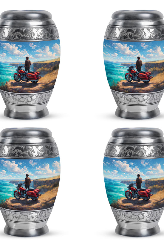 Twilight Blue Bike Cremation Urn urn with complimentary velvet bag - royal bike engraving with decorative scrollwork - 10 inch aluminum urn for cremated remains