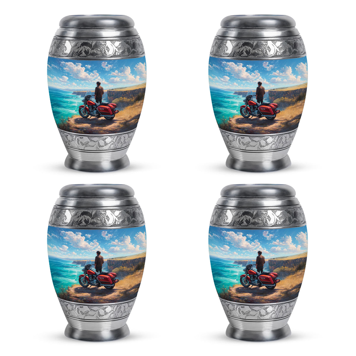 Twilight Blue Bike Cremation Urn urn with complimentary velvet bag - royal bike engraving with decorative scrollwork - 10 inch aluminum urn for cremated remains