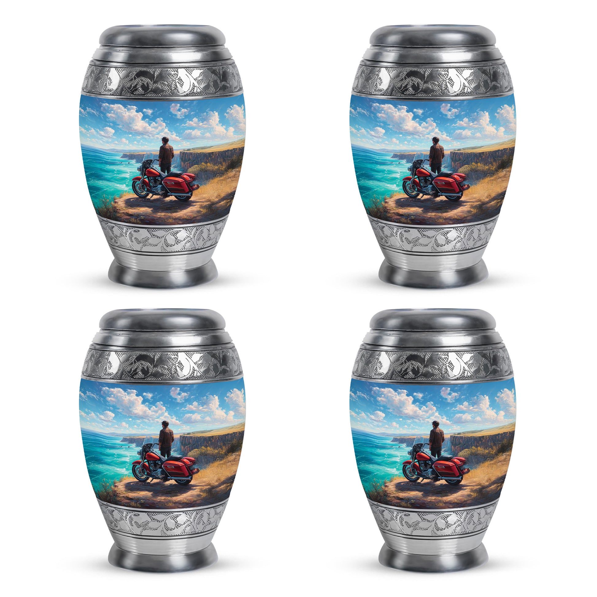 Twilight Blue Bike Cremation Urn urn with complimentary velvet bag - royal bike engraving with decorative scrollwork - 10 inch aluminum urn for cremated remains