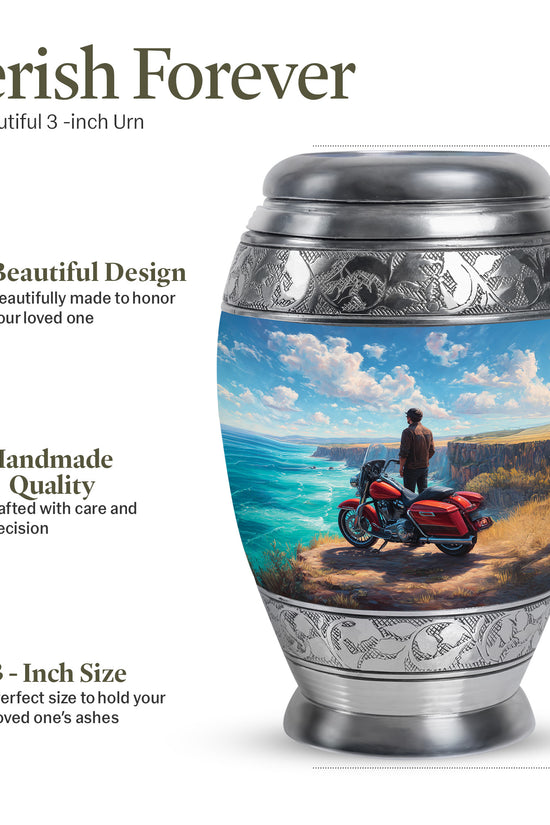 Serene Blue Bike Cremation Urn lifestyle display on memorial shelf - majestic bike pattern with filigree border - mini keepsake memorial for portion of cremation ashes
