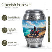 Serene Blue Bike Cremation Urn lifestyle display on memorial shelf - majestic bike pattern with filigree border - mini keepsake memorial for portion of cremation ashes