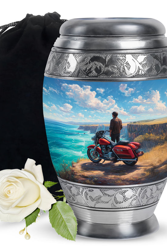 Serene Blue Bike Cremation Urn back view with polished surface - majestic bike pattern with filigree border - full-size 10 inch 200 cubic inch adult cremation urn