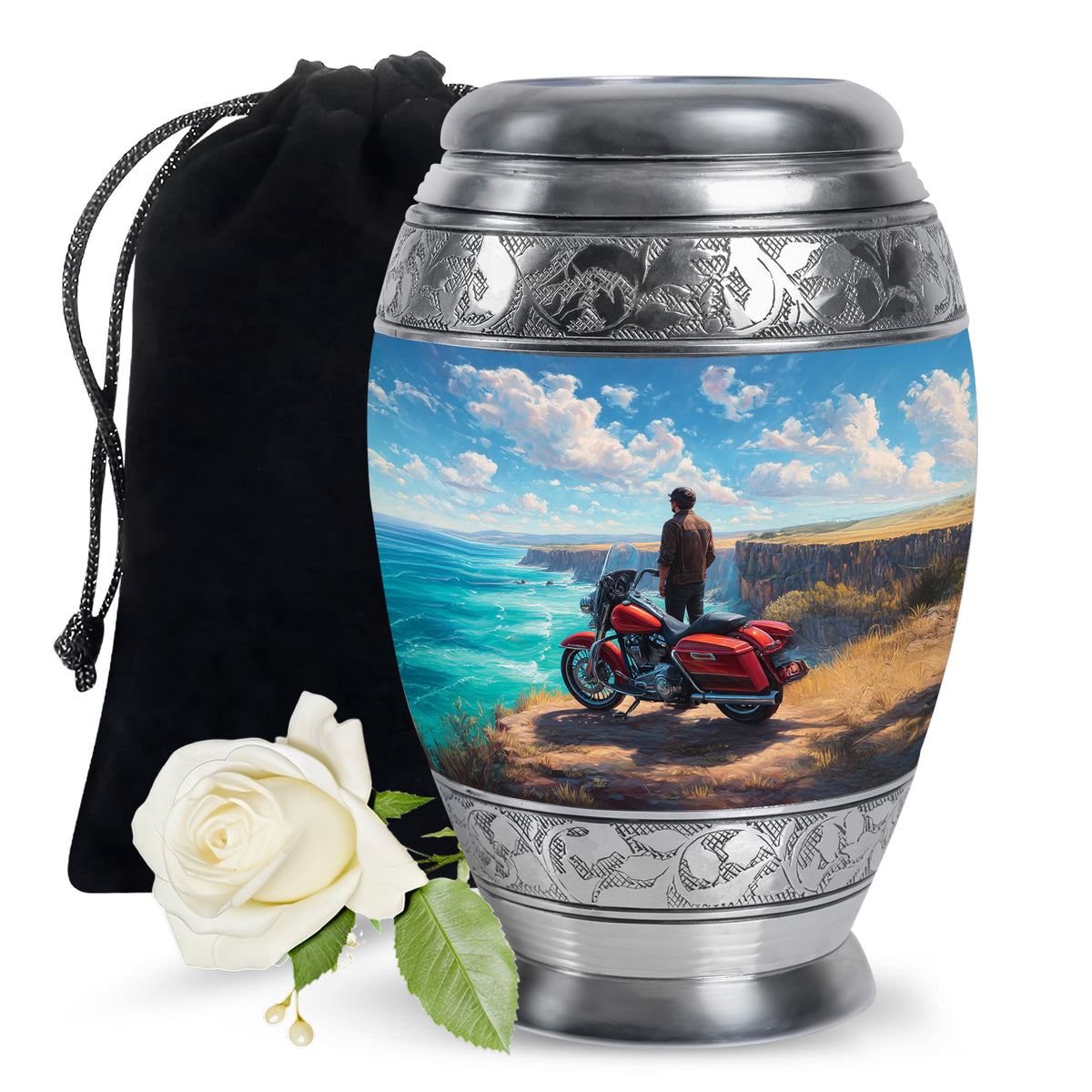 Serene Blue Bike Cremation Urn back view with polished surface - majestic bike pattern with filigree border - full-size 10 inch 200 cubic inch adult cremation urn