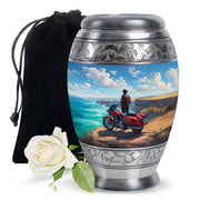 Serene Blue Bike Cremation Urn back view with polished surface - majestic bike pattern with filigree border - full-size 10 inch 200 cubic inch adult cremation urn
