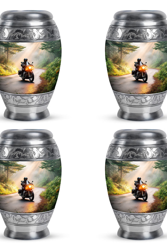 Amber Gold Bike Cremation Urn urn with complimentary velvet bag - regal bike design with crown-inspired accents - 10 inch aluminum urn for cremated remains
