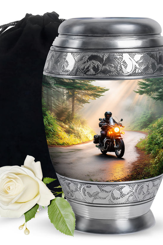 Matte Gold Bike Cremation Urn back view with polished surface - royal bike engraving with decorative scrollwork - full-size 10 inch 200 cubic inch adult cremation urn