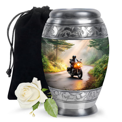 Matte Gold Bike Cremation Urn back view with polished surface - royal bike engraving with decorative scrollwork - full-size 10 inch 200 cubic inch adult cremation urn
