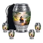 Matte Gold Bike Cremation Urn detail view - majestic bike pattern with filigree border - memorial set with one large and four small urns