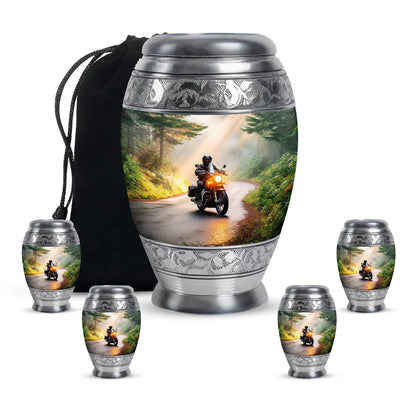 Matte Gold Bike Cremation Urn detail view - majestic bike pattern with filigree border - memorial set with one large and four small urns