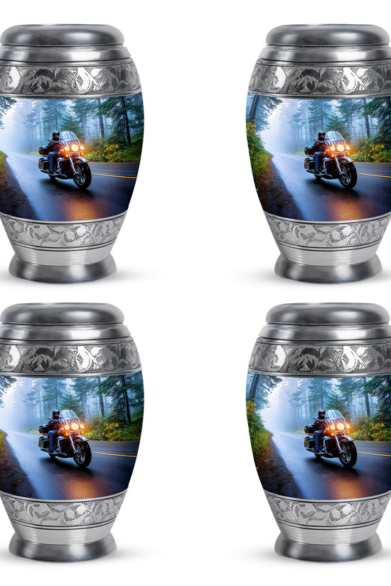 Indigo Bike Cremation Urn urn with complimentary velvet bag - regal bike design with crown-inspired accents - 10 inch aluminum urn for cremated remains