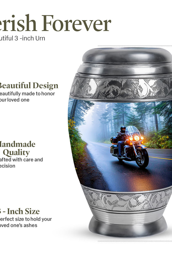 Dusty Blue Bike Cremation Urn lifestyle display on memorial shelf - regal bike design with crown-inspired accents - mini keepsake memorial for portion of cremation ashes