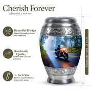 Dusty Blue Bike Cremation Urn lifestyle display on memorial shelf - regal bike design with crown-inspired accents - mini keepsake memorial for portion of cremation ashes