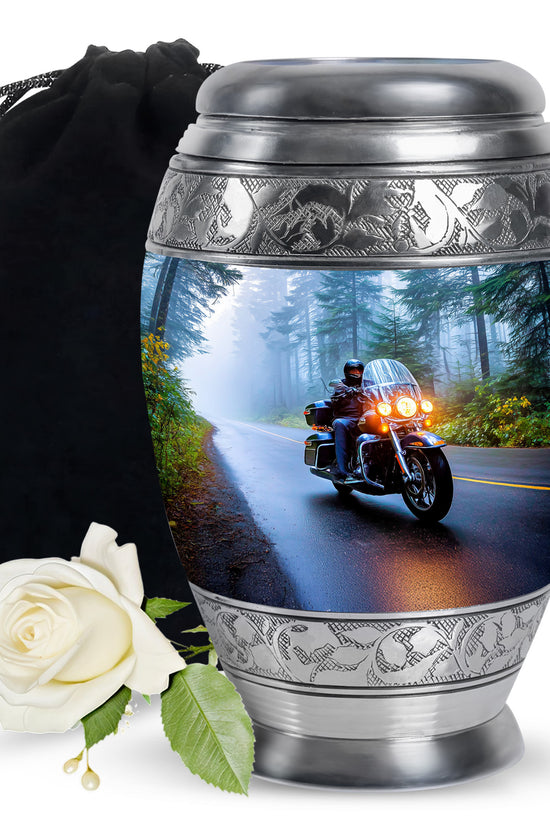 Navy Blue Bike Cremation Urn back view with polished surface - ornate monarch-style bike relief on brushed aluminum - full-size 10 inch 200 cubic inch adult cremation urn