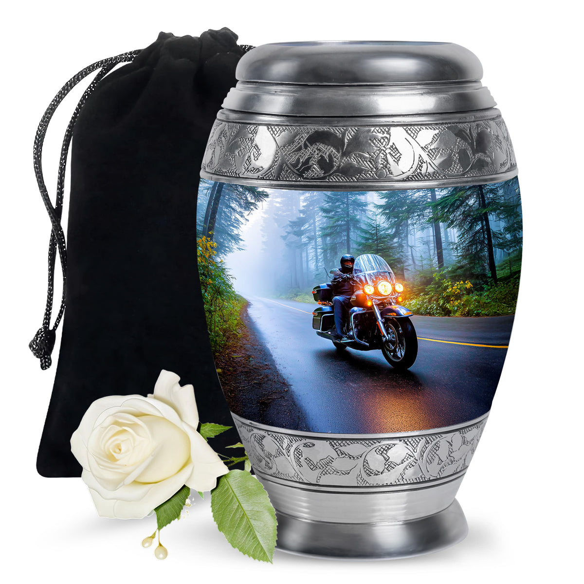 Navy Blue Bike Cremation Urn back view with polished surface - ornate monarch-style bike relief on brushed aluminum - full-size 10 inch 200 cubic inch adult cremation urn
