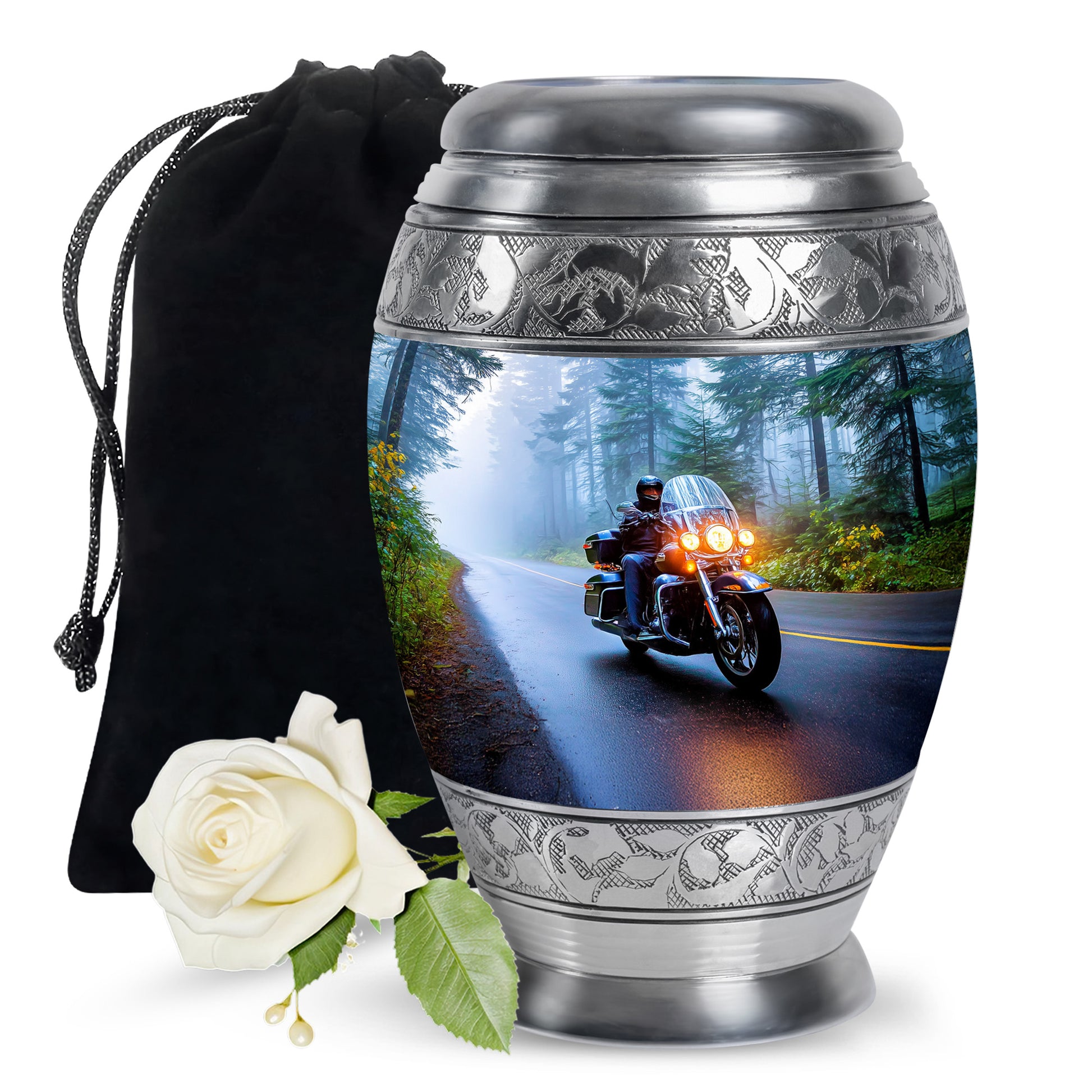 Navy Blue Bike Cremation Urn back view with polished surface - ornate monarch-style bike relief on brushed aluminum - full-size 10 inch 200 cubic inch adult cremation urn