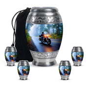 Sapphire Blue Bike Cremation Urn detail view - majestic bike pattern with filigree border - memorial set with one large and four small urns