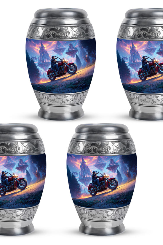 Cobalt Blue Bike Cremation Urn urn with complimentary velvet bag - royal bike engraving with decorative scrollwork - 10 inch aluminum urn for cremated remains