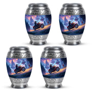 Cobalt Blue Bike Cremation Urn urn with complimentary velvet bag - royal bike engraving with decorative scrollwork - 10 inch aluminum urn for cremated remains