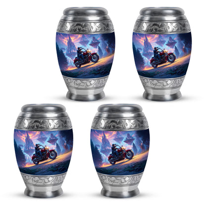 Cobalt Blue Bike Cremation Urn urn with complimentary velvet bag - royal bike engraving with decorative scrollwork - 10 inch aluminum urn for cremated remains