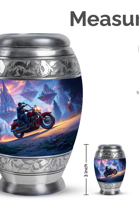 Slate Blue Bike Cremation Urn lifestyle display on memorial shelf - regal bike design with crown-inspired accents - mini keepsake memorial for portion of cremation ashes
