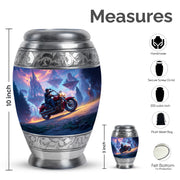 Slate Blue Bike Cremation Urn lifestyle display on memorial shelf - regal bike design with crown-inspired accents - mini keepsake memorial for portion of cremation ashes