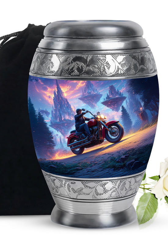 Celestial Blue Bike Cremation Urn back view with polished surface - regal bike design with crown-inspired accents - full-size 10 inch 200 cubic inch adult cremation urn