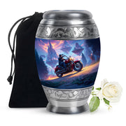 Celestial Blue Bike Cremation Urn back view with polished surface - regal bike design with crown-inspired accents - full-size 10 inch 200 cubic inch adult cremation urn