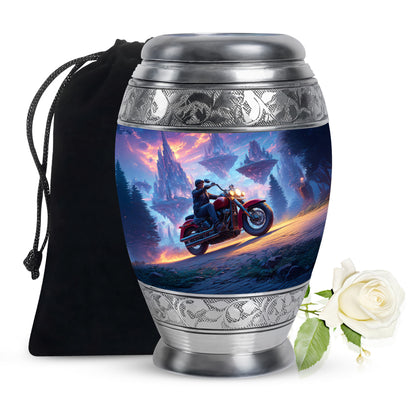 Celestial Blue Bike Cremation Urn back view with polished surface - regal bike design with crown-inspired accents - full-size 10 inch 200 cubic inch adult cremation urn