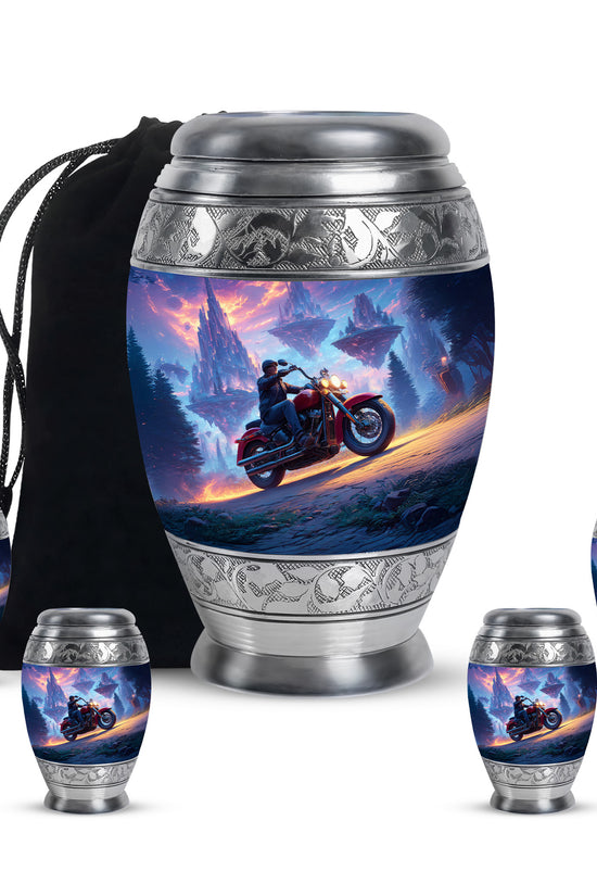 Pastel Blue Bike Cremation Urn detail view - ornate monarch-style bike relief on brushed aluminum - memorial set with one large and four small urns