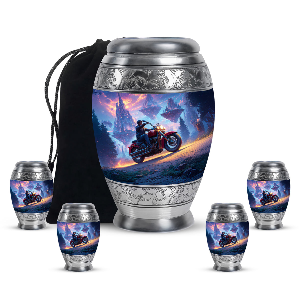 Pastel Blue Bike Cremation Urn detail view - ornate monarch-style bike relief on brushed aluminum - memorial set with one large and four small urns