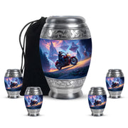 Pastel Blue Bike Cremation Urn detail view - ornate monarch-style bike relief on brushed aluminum - memorial set with one large and four small urns