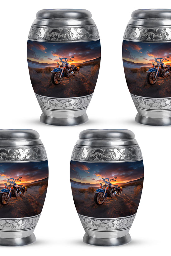 Dark Black Bike Cremation Urn urn with complimentary velvet bag - majestic bike pattern with filigree border - 10 inch aluminum urn for cremated remains