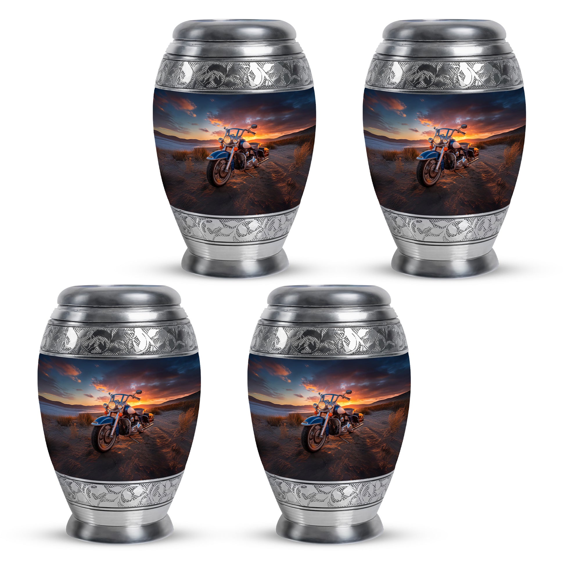 Dark Black Bike Cremation Urn urn with complimentary velvet bag - majestic bike pattern with filigree border - 10 inch aluminum urn for cremated remains