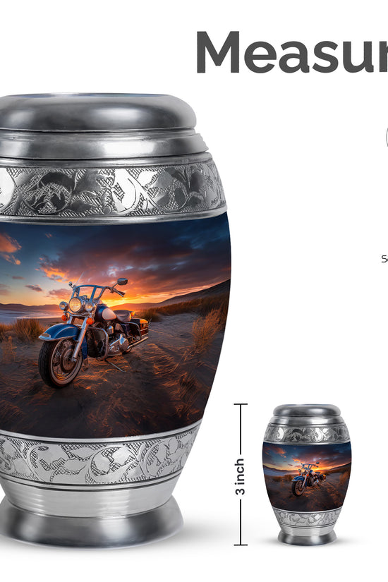 Obsidian Black Bike Cremation Urn lifestyle display on memorial shelf - royal bike engraving with decorative scrollwork - mini keepsake memorial for portion of cremation ashes