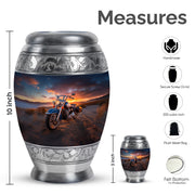 Obsidian Black Bike Cremation Urn lifestyle display on memorial shelf - royal bike engraving with decorative scrollwork - mini keepsake memorial for portion of cremation ashes