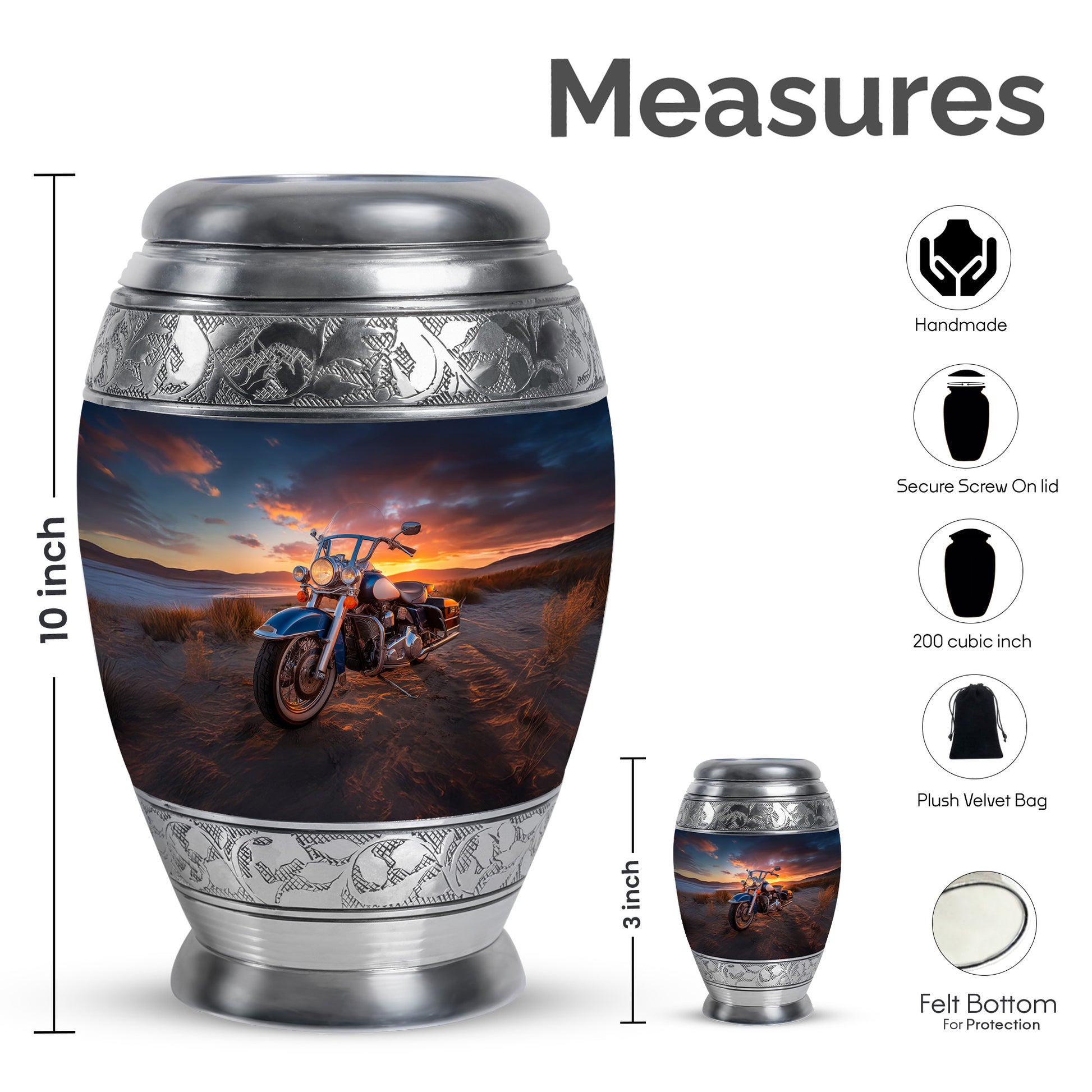 Obsidian Black Bike Cremation Urn lifestyle display on memorial shelf - royal bike engraving with decorative scrollwork - mini keepsake memorial for portion of cremation ashes