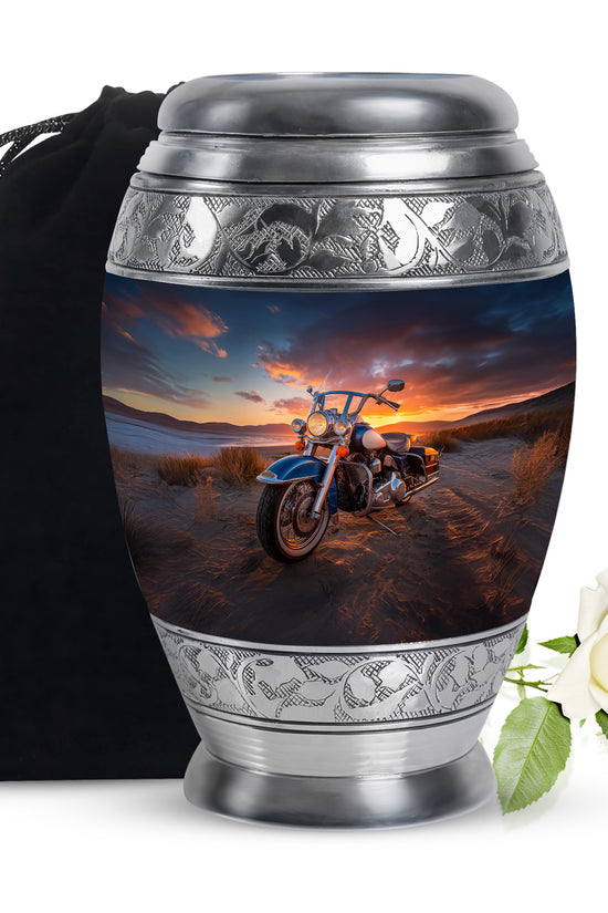 Glossy Black Bike Cremation Urn back view with polished surface - regal bike design with crown-inspired accents - full-size 10 inch 200 cubic inch adult cremation urn