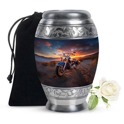 Glossy Black Bike Cremation Urn back view with polished surface - regal bike design with crown-inspired accents - full-size 10 inch 200 cubic inch adult cremation urn