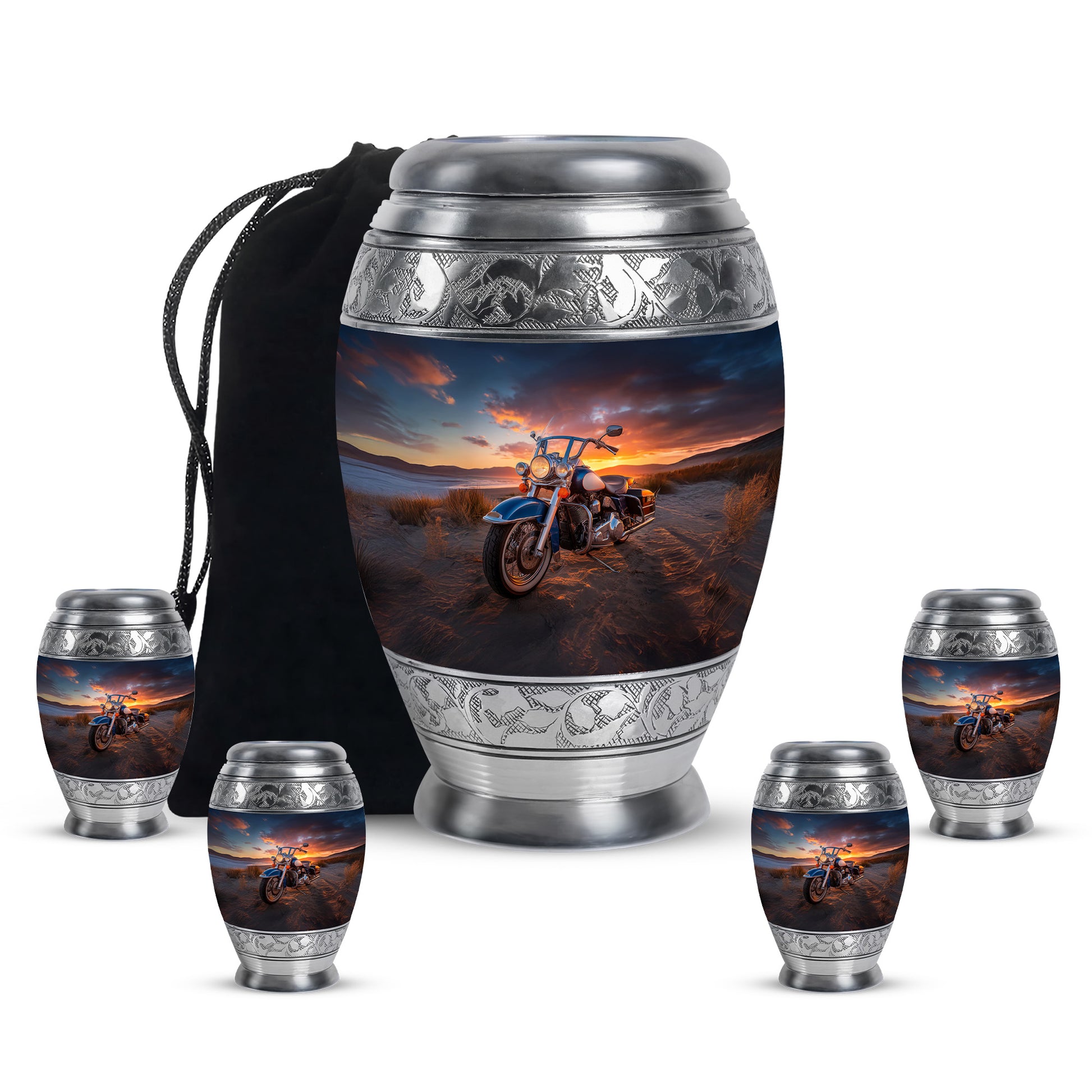 Ebony Bike Cremation Urn detail view - regal bike design with crown-inspired accents - memorial set with one large and four small urns