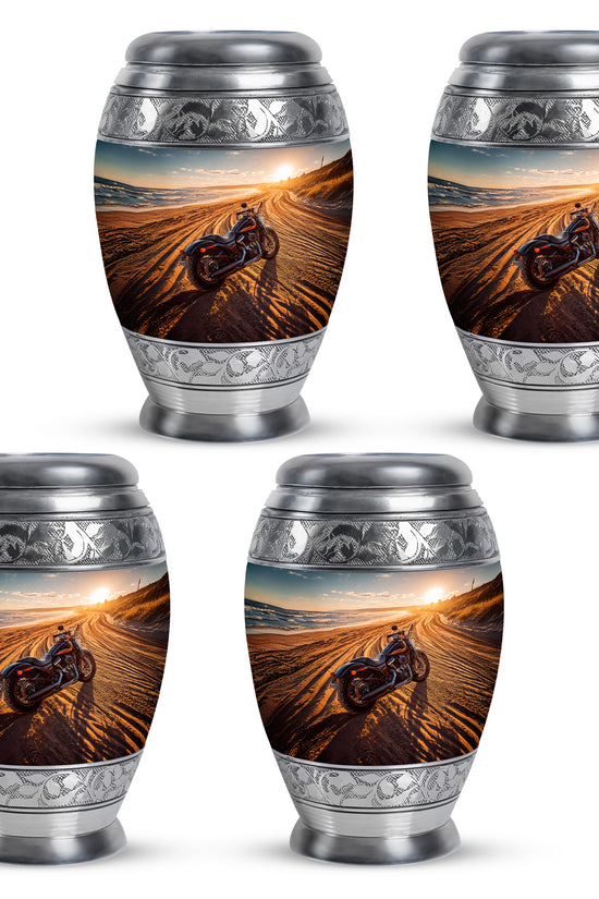 Steel Gray Bike Cremation Urn urn with complimentary velvet bag - royal bike engraving with decorative scrollwork - 10 inch aluminum urn for cremated remains
