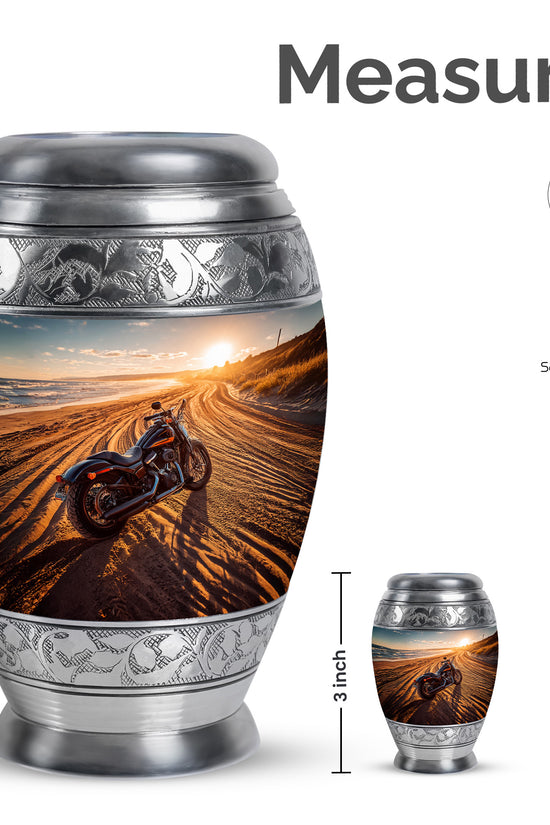 Silver Gray Bike Cremation Urn lifestyle display on memorial shelf - regal bike design with crown-inspired accents - mini keepsake memorial for portion of cremation ashes
