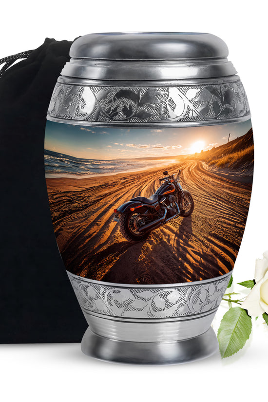Silver Gray Bike Cremation Urn back view with polished surface - ornate monarch-style bike relief on brushed aluminum - full-size 10 inch 200 cubic inch adult cremation urn
